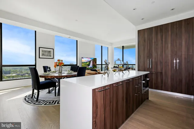a kitchen with sink cabinets and dining table