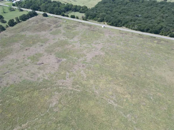 a view of a dry yard with trees in the background
