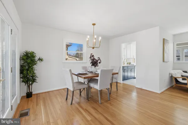 a dining room with furniture potted plants and wooden floor