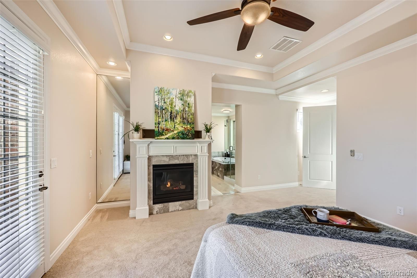 9182 Ridgegate Parkway Lone Tree, CO 80124 - Photo 15 of 31 a spacious bedroom with a bed and a fireplace