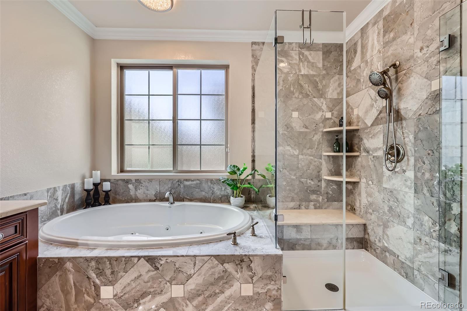 9182 Ridgegate Parkway Lone Tree, CO 80124 - Photo 17 of 31 a bathroom with a granite countertop bathtub and shower
