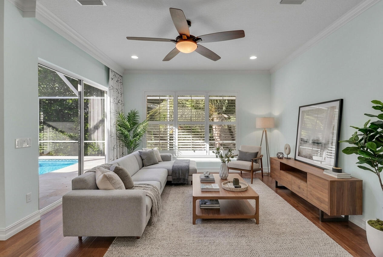 8415 Southeast Governors Way Hobe Sound, FL 33455 - Photo 14 of 105 a living room with furniture and a large window with garden view