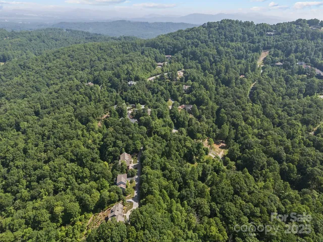 an aerial view of a houses with a lush green hillside