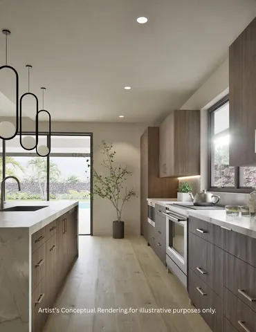 a large kitchen with a stove a sink a window and stainless steel appliances