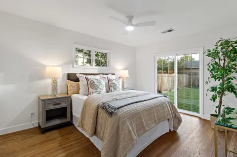 a bedroom with a large bed and a potted plant