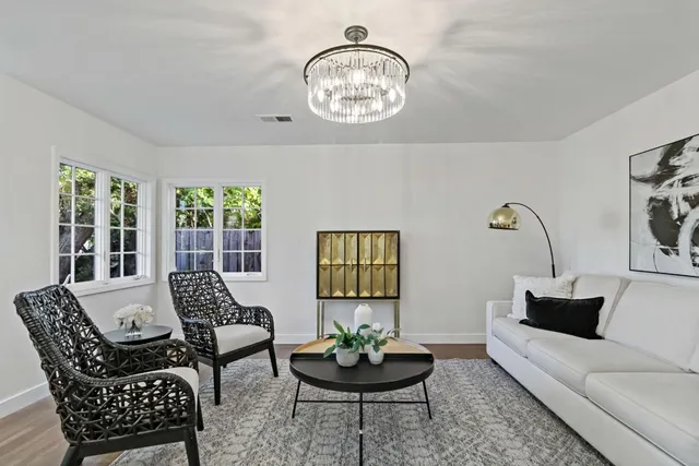 a living room with furniture and a potted plant