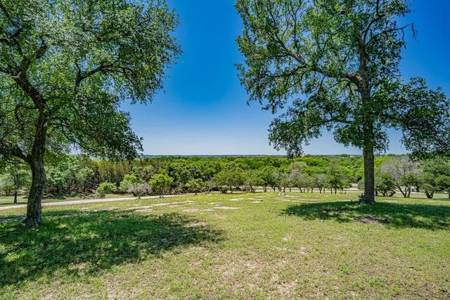 a view of a green field with trees in the background