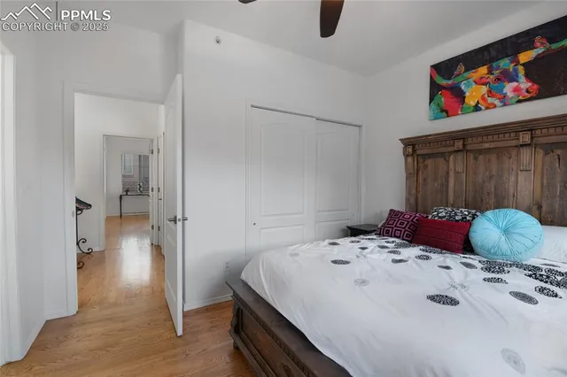 a bedroom with a bed and walk in closet