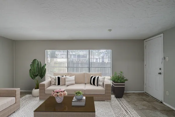 a living room with furniture potted plant and windows