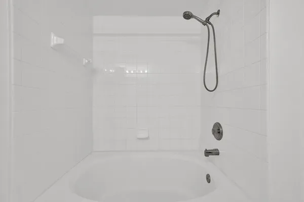 a bathroom with a bath tub with a shower