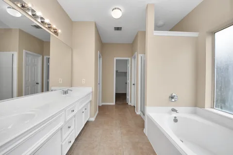 a bathroom with a tub sink shower and mirror