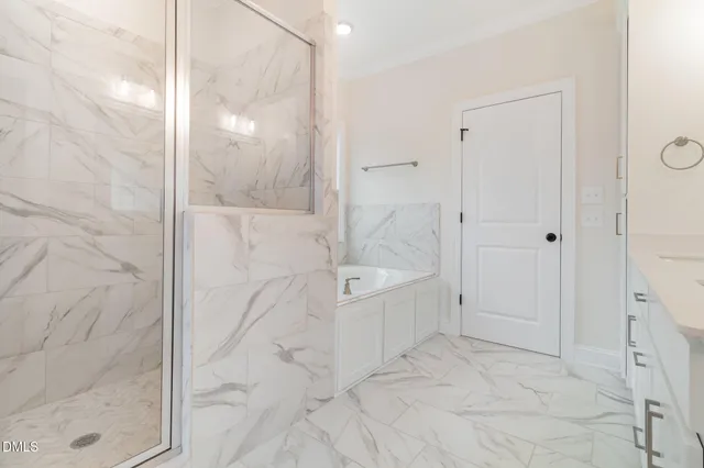 a bathroom with a bathtub and shower