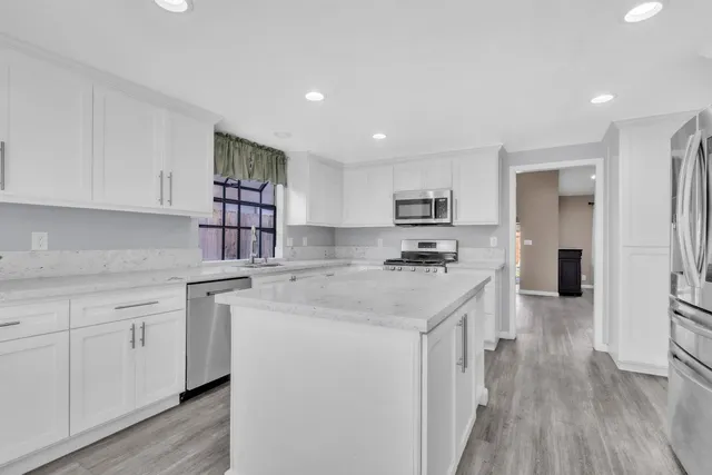 a kitchen with stainless steel appliances granite countertop a sink stove and refrigerator