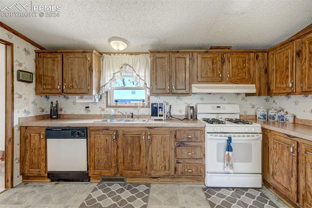 5845 Peerless Farms Road Peyton, CO 80831 - Photo 17 of 50 Kitchen with ornamental molding, white appliances, sink, and a textured ceiling