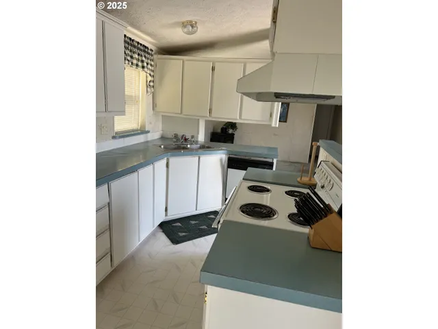 a kitchen with a sink a stove and cabinets
