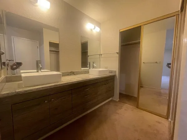 a bathroom with a double vanity sink a mirror and a shower