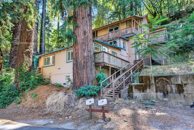 a front view of a house with a tree