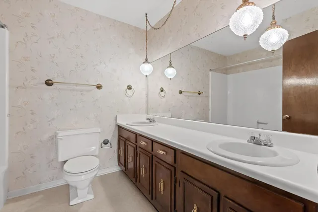 a bathroom with a toilet a sink a mirror and vanity