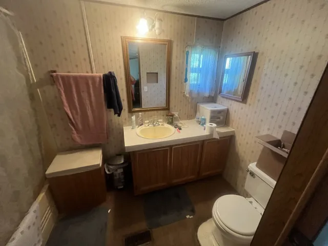 a bathroom with a sink a toilet and mirror