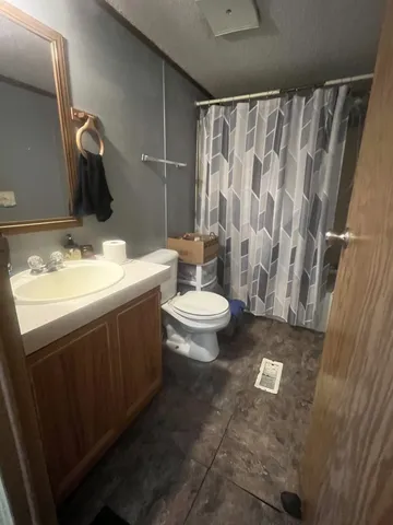 a bathroom with a double vanity sink toilet and a mirror
