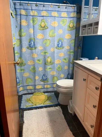a bathroom with a granite countertop toilet sink and mirror