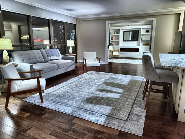 a view of a dining room with furniture