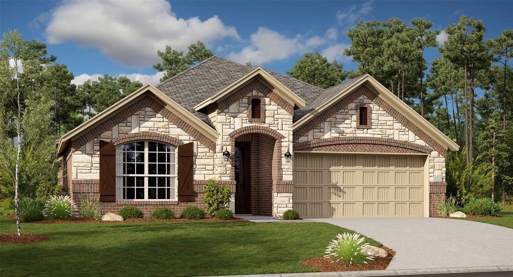 3901 Elements Way Mesquite, TX 75181 - Photo 1 of 1 French provincial home featuring stone siding, brick siding, an attached garage, and driveway