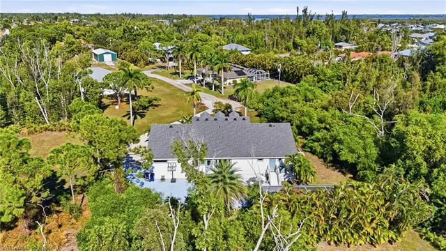 an aerial view of residential houses with outdoor space and trees