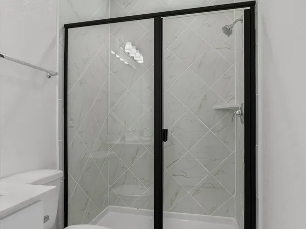 a bathroom with a shower and a toilet