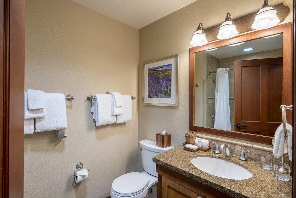 400 Resort Road, Unit 102104106 Olympic Valley, CA 96146 - Photo 12 of 27 a bathroom with a granite countertop toilet sink and mirror