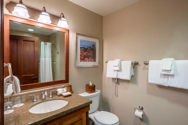 a bathroom with a granite countertop sink toilet and mirror