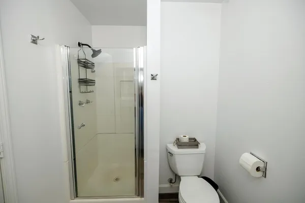 a bathroom with a toilet and a shower