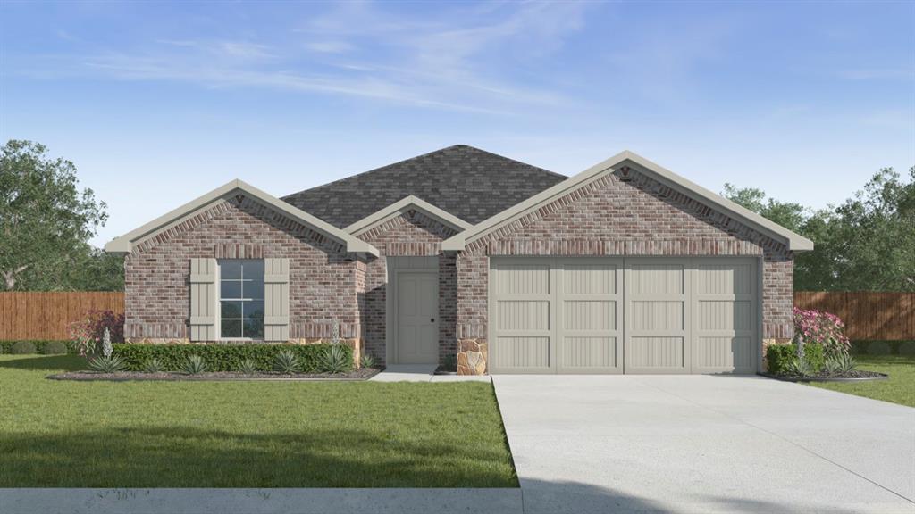 Ranch-style house featuring brick siding, an attached garage, fence, and driveway