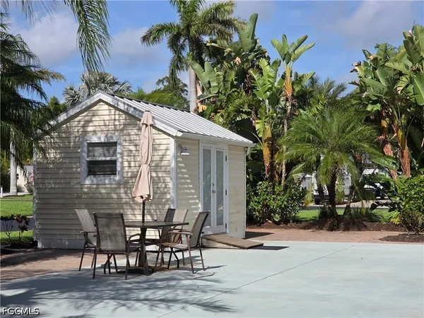 a front view of a house with patio