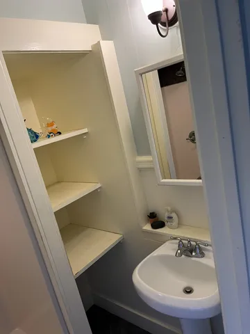 a bathroom with a sink a mirror and shower