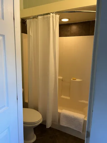 a bathroom with a shower and a toilet
