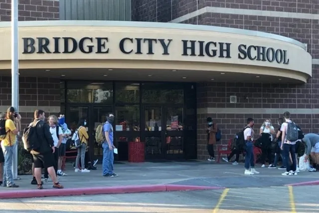a view of a street with an outdoor space