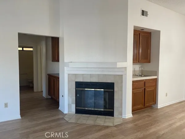 a living room with a fireplace