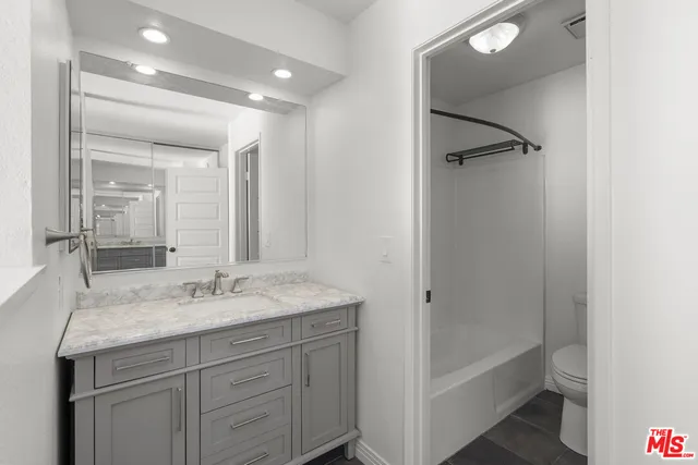 a bathroom with a bathtub shower sink vanity and toilet