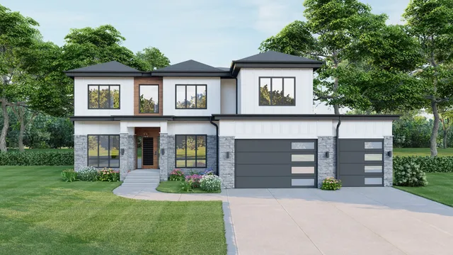 a front view of a house with a garden and garage