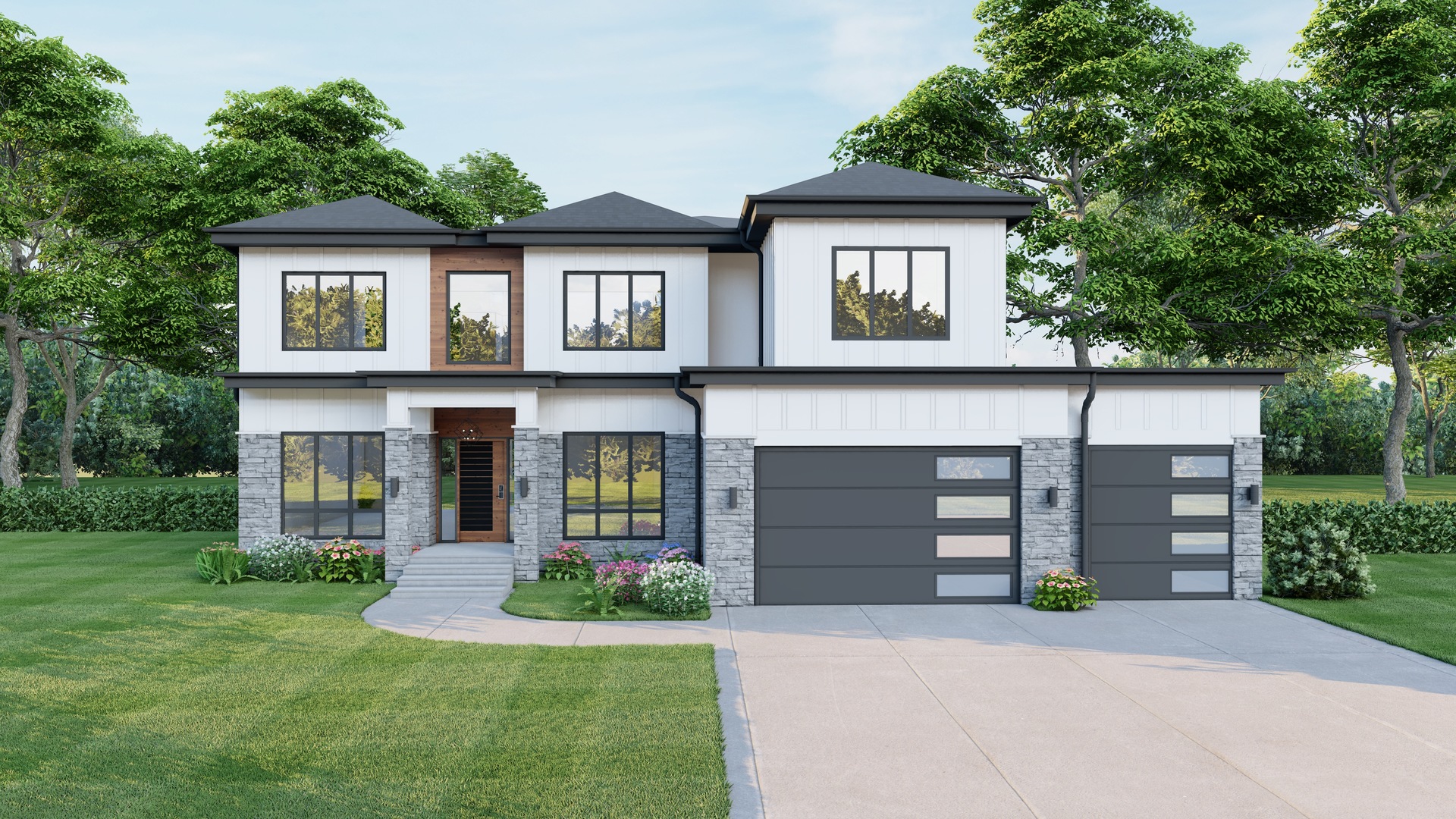 a front view of a house with a garden and garage