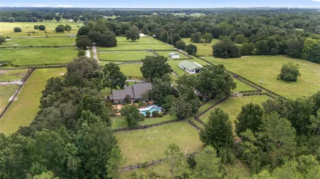 an aerial view of green landscape with trees houses and mountain view