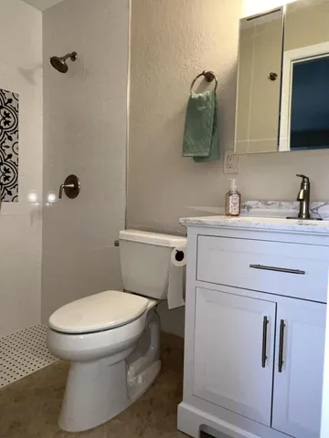 a bathroom with a sink and mirror with toilet
