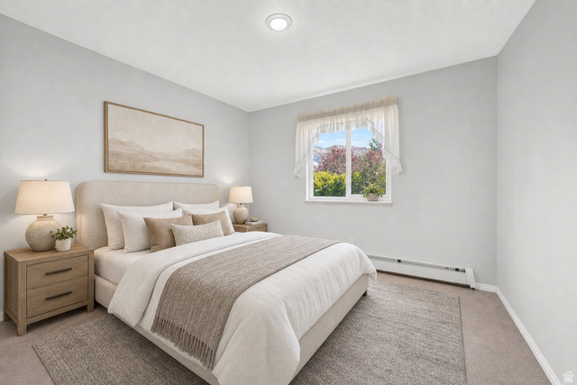 38 Valarie Street Morgan, UT 84050 - Photo 34 of 51 Virtual staging included to showcase room potential. Light-filled room featuring a single window with white trim, soft grey wall paint, recessed ceiling lighting, and light-toned carpeting