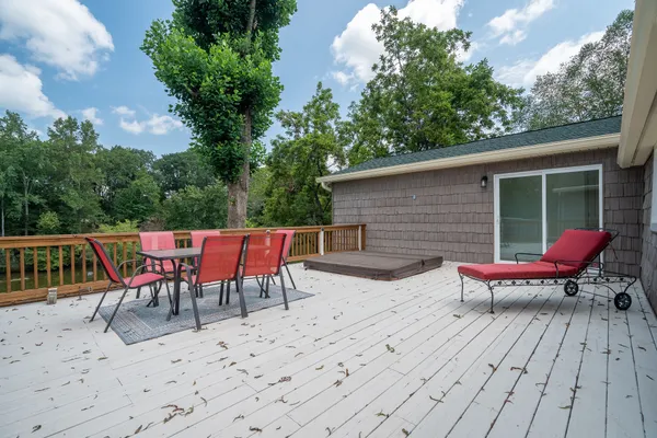 an outdoor space with furniture