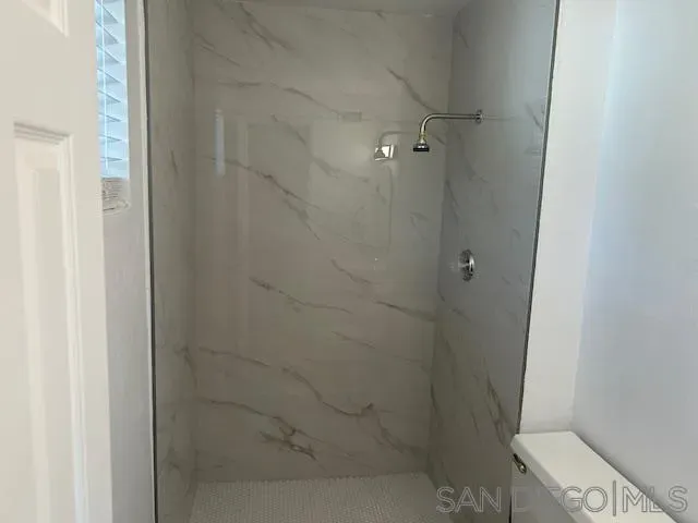 a bathroom with a shower and toilet