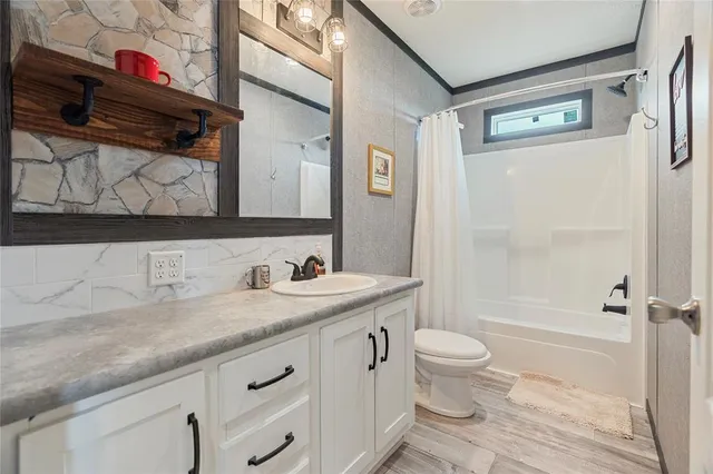 a bathroom with a granite countertop sink and a toilet