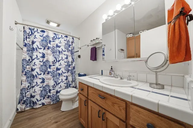 a bathroom with a sink toilet a mirror and shower curtain