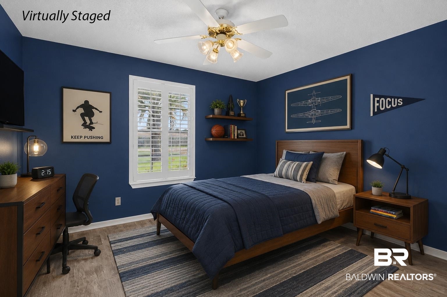 22685 County Road 12 Foley, AL 36535 - Photo 63 of 89 Bedroom featuring wood-finish flooring, a ceiling fan with integrated lighting, and a white window with plantation shutters