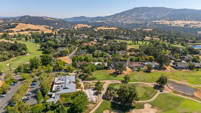an aerial view of residential houses with outdoor space and trees all around